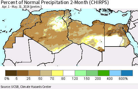 North Africa Percent of Normal Precipitation 2-Month (CHIRPS) Thematic Map For 4/1/2024 - 5/31/2024