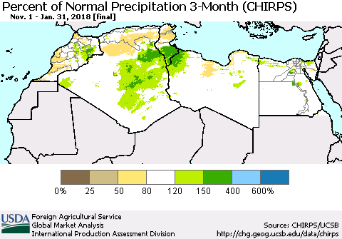 North Africa Percent of Normal Precipitation 3-Month (CHIRPS) Thematic Map For 11/1/2017 - 1/31/2018