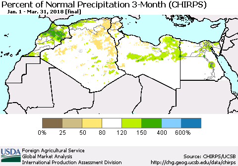 North Africa Percent of Normal Precipitation 3-Month (CHIRPS) Thematic Map For 1/1/2018 - 3/31/2018
