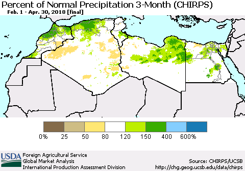 North Africa Percent of Normal Precipitation 3-Month (CHIRPS) Thematic Map For 2/1/2018 - 4/30/2018
