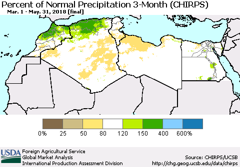 North Africa Percent of Normal Precipitation 3-Month (CHIRPS) Thematic Map For 3/1/2018 - 5/31/2018