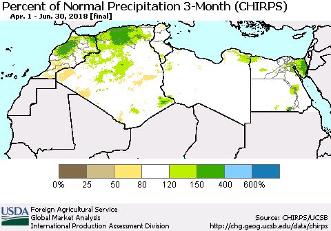 North Africa Percent of Normal Precipitation 3-Month (CHIRPS) Thematic Map For 4/1/2018 - 6/30/2018