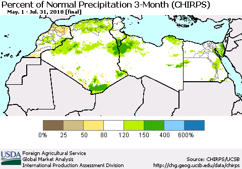 North Africa Percent of Normal Precipitation 3-Month (CHIRPS) Thematic Map For 5/1/2018 - 7/31/2018