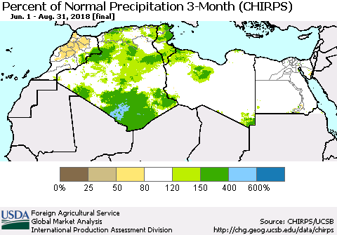 North Africa Percent of Normal Precipitation 3-Month (CHIRPS) Thematic Map For 6/1/2018 - 8/31/2018