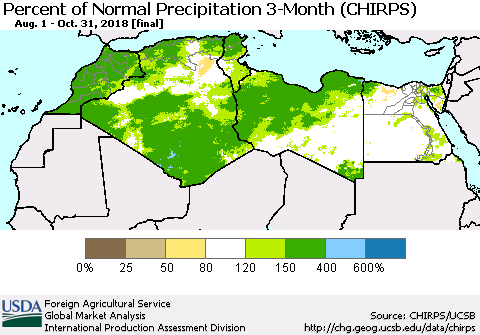 North Africa Percent of Normal Precipitation 3-Month (CHIRPS) Thematic Map For 8/1/2018 - 10/31/2018