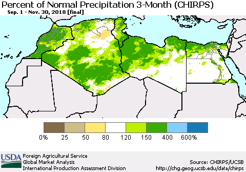 North Africa Percent of Normal Precipitation 3-Month (CHIRPS) Thematic Map For 9/1/2018 - 11/30/2018