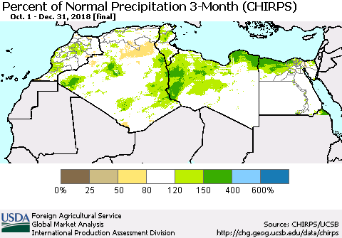 North Africa Percent of Normal Precipitation 3-Month (CHIRPS) Thematic Map For 10/1/2018 - 12/31/2018