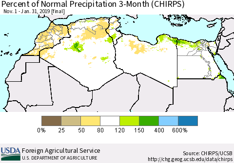 North Africa Percent of Normal Precipitation 3-Month (CHIRPS) Thematic Map For 11/1/2018 - 1/31/2019