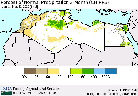 North Africa Percent of Normal Precipitation 3-Month (CHIRPS) Thematic Map For 1/1/2019 - 3/31/2019
