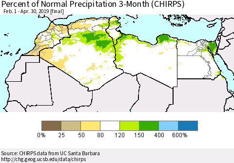 North Africa Percent of Normal Precipitation 3-Month (CHIRPS) Thematic Map For 2/1/2019 - 4/30/2019