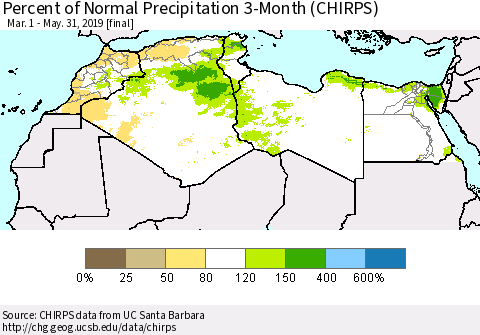 North Africa Percent of Normal Precipitation 3-Month (CHIRPS) Thematic Map For 3/1/2019 - 5/31/2019
