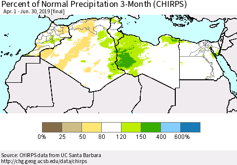 North Africa Percent of Normal Precipitation 3-Month (CHIRPS) Thematic Map For 4/1/2019 - 6/30/2019