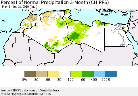 North Africa Percent of Normal Precipitation 3-Month (CHIRPS) Thematic Map For 5/1/2019 - 7/31/2019
