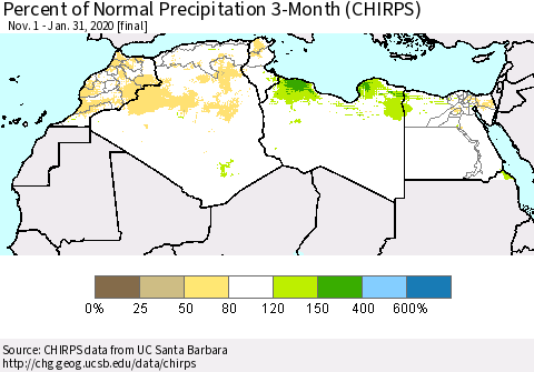 North Africa Percent of Normal Precipitation 3-Month (CHIRPS) Thematic Map For 11/1/2019 - 1/31/2020