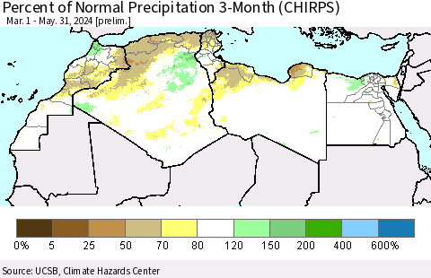 North Africa Percent of Normal Precipitation 3-Month (CHIRPS) Thematic Map For 3/1/2024 - 5/31/2024