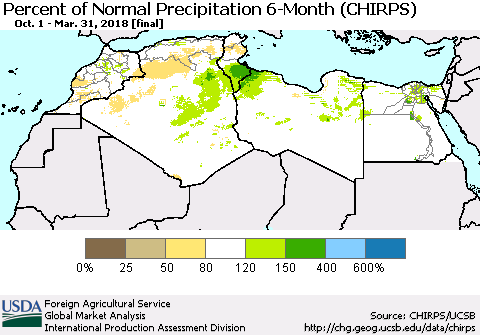 North Africa Percent of Normal Precipitation 6-Month (CHIRPS) Thematic Map For 10/1/2017 - 3/31/2018