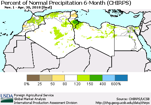 North Africa Percent of Normal Precipitation 6-Month (CHIRPS) Thematic Map For 11/1/2017 - 4/30/2018