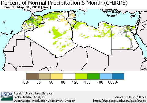 North Africa Percent of Normal Precipitation 6-Month (CHIRPS) Thematic Map For 12/1/2017 - 5/31/2018