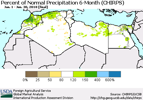 North Africa Percent of Normal Precipitation 6-Month (CHIRPS) Thematic Map For 1/1/2018 - 6/30/2018