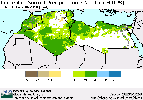 North Africa Percent of Normal Precipitation 6-Month (CHIRPS) Thematic Map For 6/1/2018 - 11/30/2018