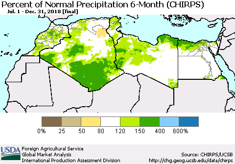 North Africa Percent of Normal Precipitation 6-Month (CHIRPS) Thematic Map For 7/1/2018 - 12/31/2018
