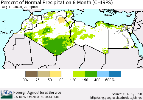 North Africa Percent of Normal Precipitation 6-Month (CHIRPS) Thematic Map For 8/1/2018 - 1/31/2019