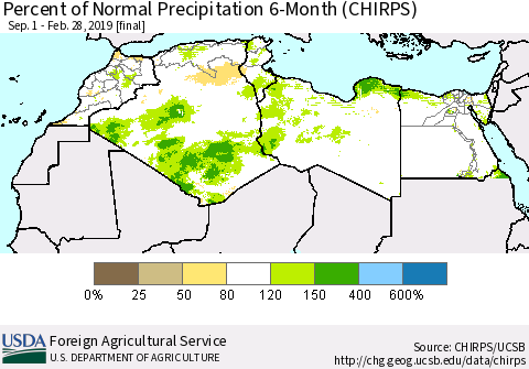 North Africa Percent of Normal Precipitation 6-Month (CHIRPS) Thematic Map For 9/1/2018 - 2/28/2019