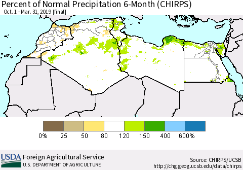 North Africa Percent of Normal Precipitation 6-Month (CHIRPS) Thematic Map For 10/1/2018 - 3/31/2019