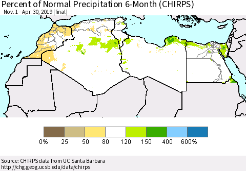 North Africa Percent of Normal Precipitation 6-Month (CHIRPS) Thematic Map For 11/1/2018 - 4/30/2019
