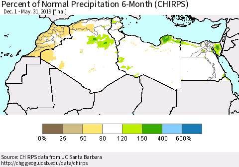 North Africa Percent of Normal Precipitation 6-Month (CHIRPS) Thematic Map For 12/1/2018 - 5/31/2019