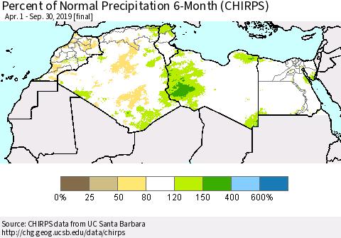 North Africa Percent of Normal Precipitation 6-Month (CHIRPS) Thematic Map For 4/1/2019 - 9/30/2019