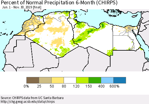 North Africa Percent of Normal Precipitation 6-Month (CHIRPS) Thematic Map For 6/1/2019 - 11/30/2019