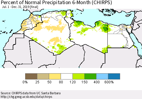 North Africa Percent of Normal Precipitation 6-Month (CHIRPS) Thematic Map For 7/1/2019 - 12/31/2019