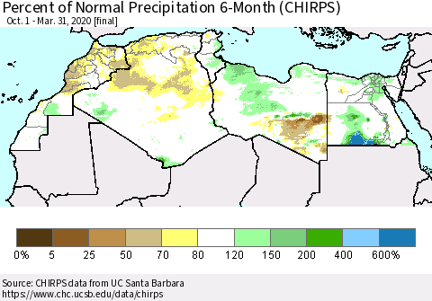 North Africa Percent of Normal Precipitation 6-Month (CHIRPS) Thematic Map For 10/1/2019 - 3/31/2020