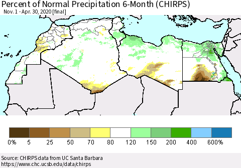 North Africa Percent of Normal Precipitation 6-Month (CHIRPS) Thematic Map For 11/1/2019 - 4/30/2020