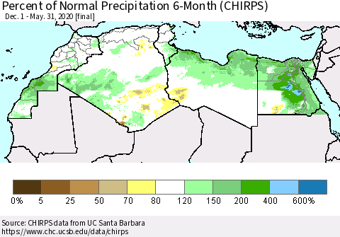 North Africa Percent of Normal Precipitation 6-Month (CHIRPS) Thematic Map For 12/1/2019 - 5/31/2020