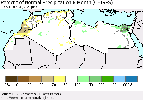 North Africa Percent of Normal Precipitation 6-Month (CHIRPS) Thematic Map For 1/1/2020 - 6/30/2020
