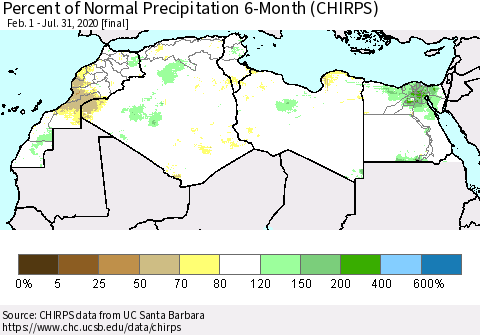 North Africa Percent of Normal Precipitation 6-Month (CHIRPS) Thematic Map For 2/1/2020 - 7/31/2020