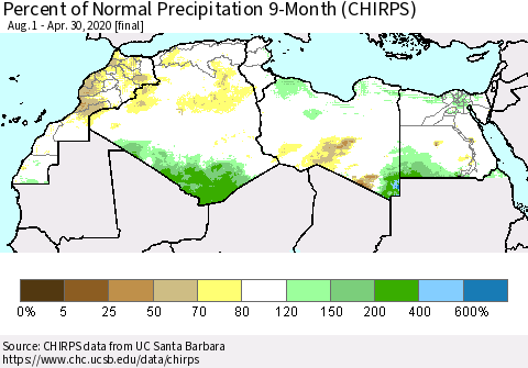 North Africa Percent of Normal Precipitation 9-Month (CHIRPS) Thematic Map For 8/1/2019 - 4/30/2020