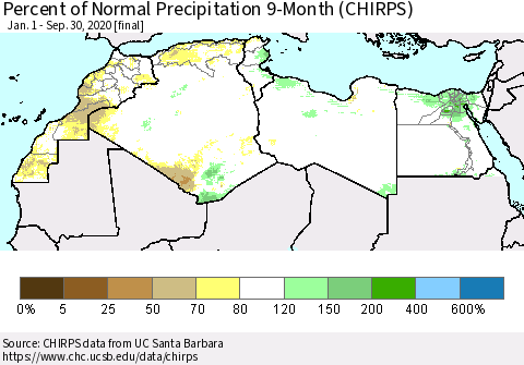 North Africa Percent of Normal Precipitation 9-Month (CHIRPS) Thematic Map For 1/1/2020 - 9/30/2020