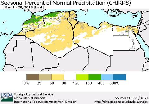North Africa Seasonal Percent of Normal Precipitation (CHIRPS) Thematic Map For 3/1/2018 - 3/20/2018