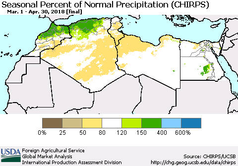 North Africa Seasonal Percent of Normal Precipitation (CHIRPS) Thematic Map For 3/1/2018 - 4/30/2018