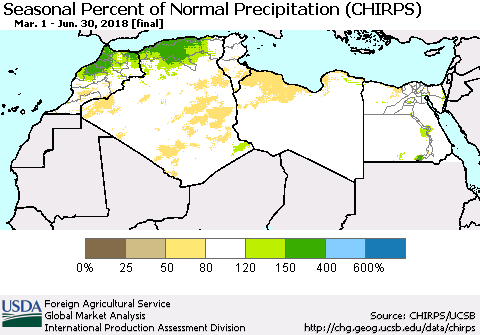 North Africa Seasonal Percent of Normal Precipitation (CHIRPS) Thematic Map For 3/1/2018 - 6/30/2018