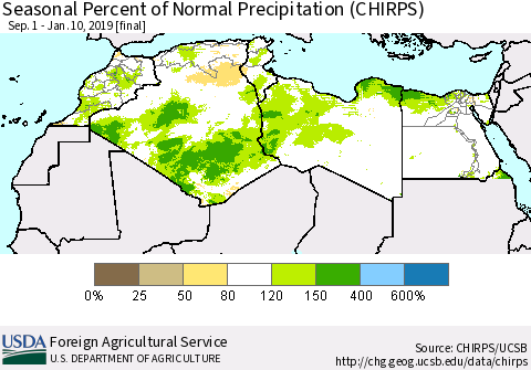North Africa Seasonal Percent of Normal Precipitation (CHIRPS) Thematic Map For 9/1/2018 - 1/10/2019