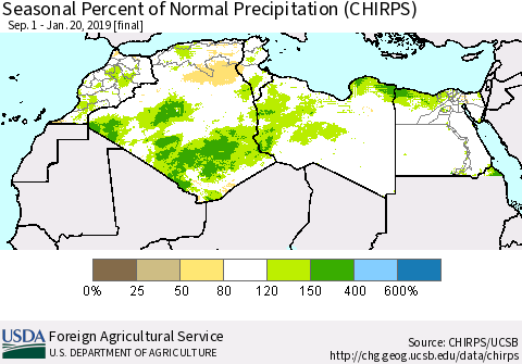 North Africa Seasonal Percent of Normal Precipitation (CHIRPS) Thematic Map For 9/1/2018 - 1/20/2019