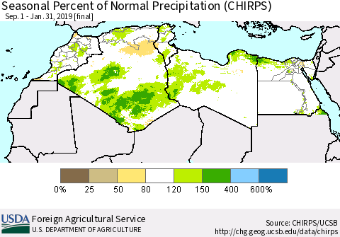 North Africa Seasonal Percent of Normal Precipitation (CHIRPS) Thematic Map For 9/1/2018 - 1/31/2019