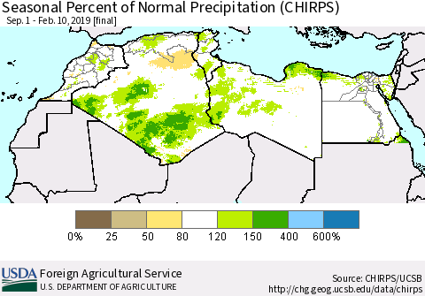 North Africa Seasonal Percent of Normal Precipitation (CHIRPS) Thematic Map For 9/1/2018 - 2/10/2019