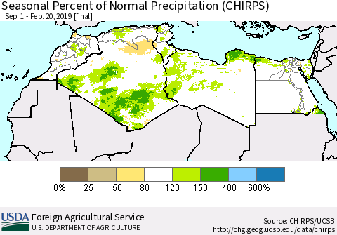 North Africa Seasonal Percent of Normal Precipitation (CHIRPS) Thematic Map For 9/1/2018 - 2/20/2019