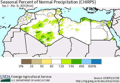 North Africa Seasonal Percent of Normal Precipitation (CHIRPS) Thematic Map For 9/1/2018 - 3/31/2019