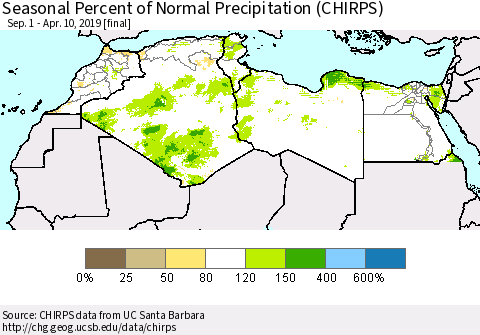 North Africa Seasonal Percent of Normal Precipitation (CHIRPS) Thematic Map For 9/1/2018 - 4/10/2019